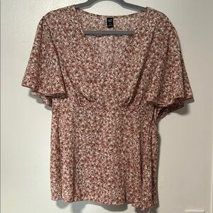 SHEIN Pink Flutter Floral Sleeve Blouse